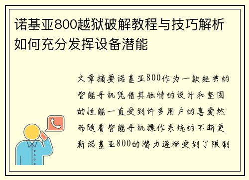 诺基亚800越狱破解教程与技巧解析 如何充分发挥设备潜能